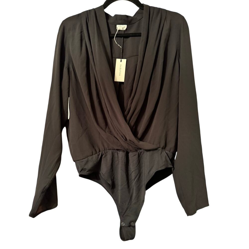 Babaton Ambrose Bodysuit Large Black‎ Draped Long Sleeve Surplice Dark Academia